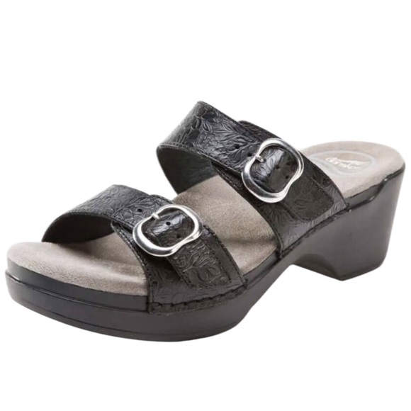 Dansko Sophie black floral embossed leather two strap sandals - Picture 1 of 10